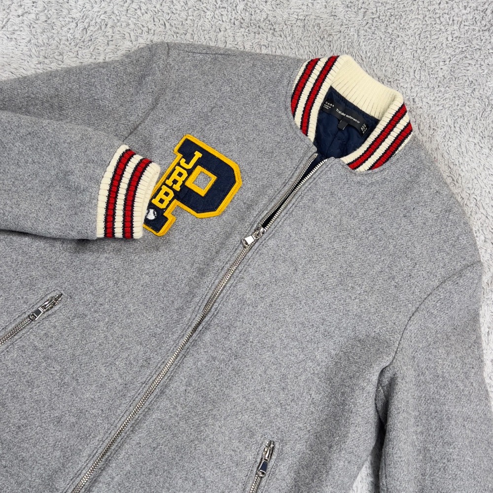 Zara Varsity Bomber Jacket Trafaluc Gray Wool Blend Patches Men XS Sporty Casual